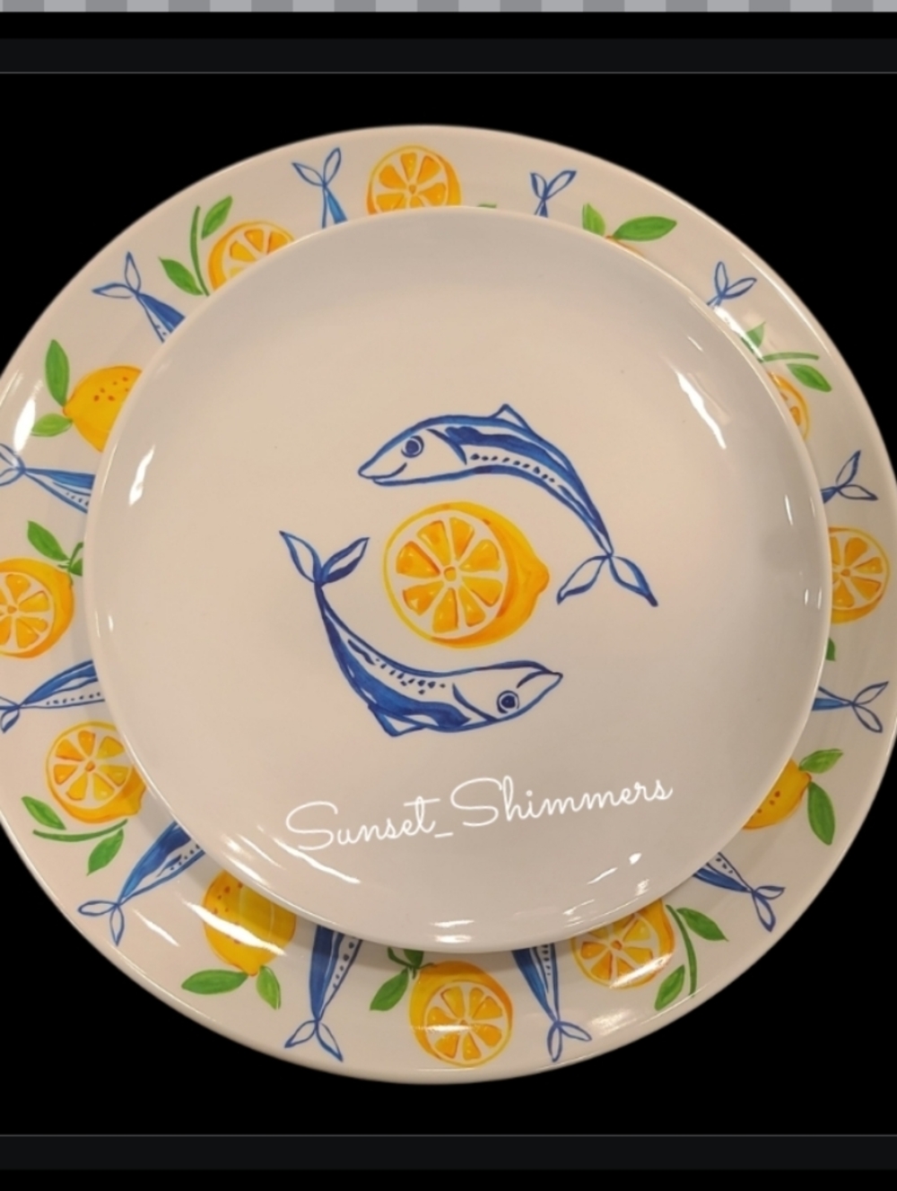 8 Tommy Bahama Sardine Lemon Blue Fish MELAMINE Dinner & Salad Plates Set New - Picture 6 of 8